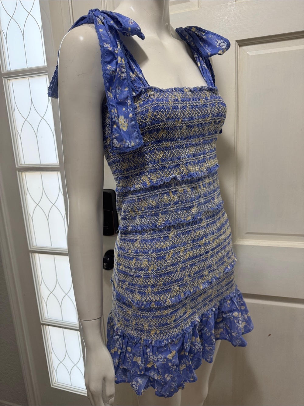 LoveShackFancy Belle Smocked Tie Straps Cotton Mini Dress Blue Jay Floral Print - Picture 7 of 13